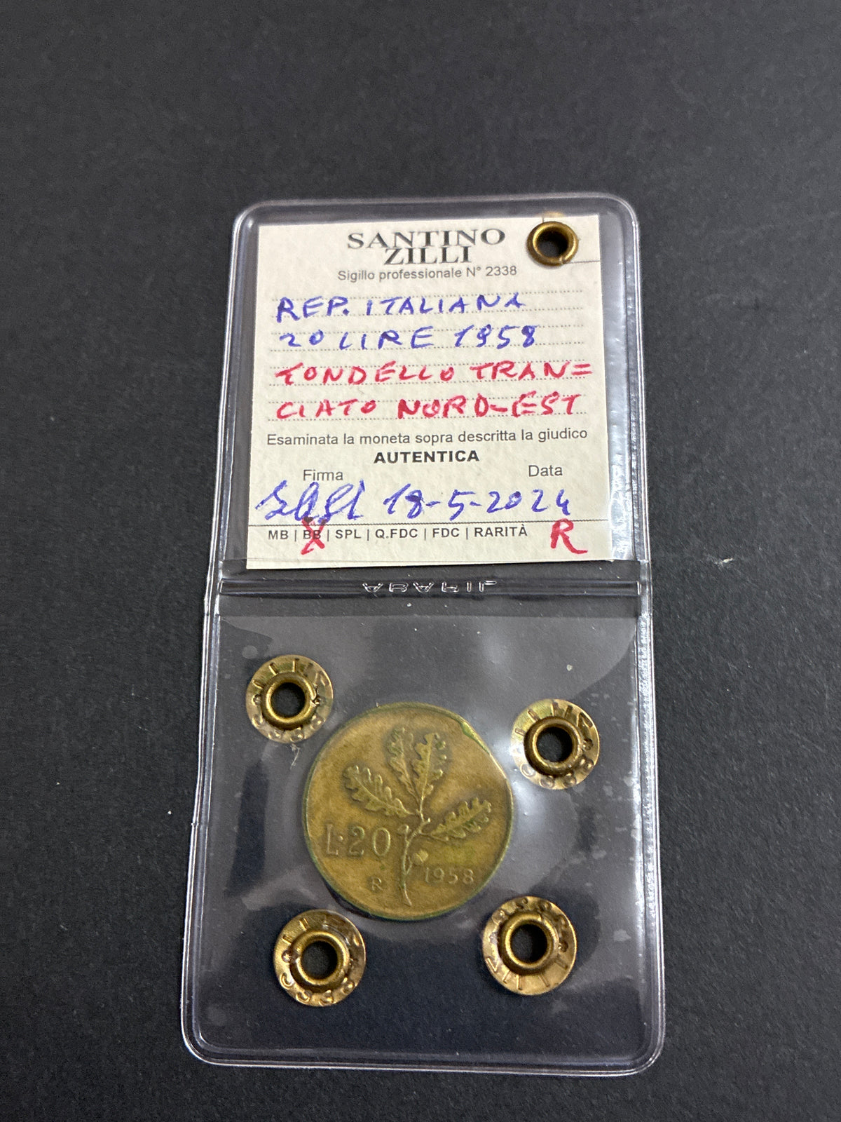 20 lire 1958 periziate "Tondello Tranciato Nord-Est" - Errore di Coniazione Raro