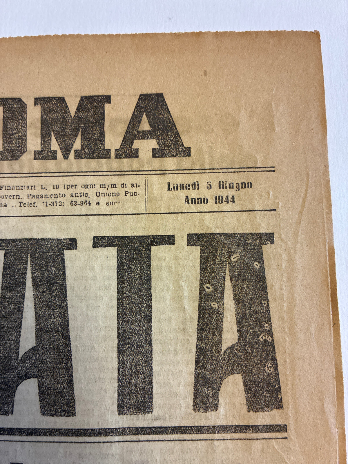 Storico Quotidiano Originale Il Popolo di Roma 5 Giugno 1944 - Edizione Completa - Annuncio Roma Liberata