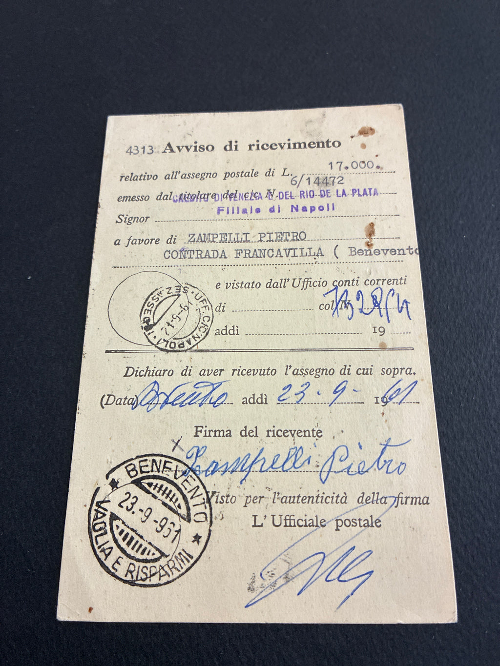 Avviso Ricevimento Assegno Postale (1961) - Modulo del Regno d'Italia usato in Repubblica con 25l Olimpiadi.