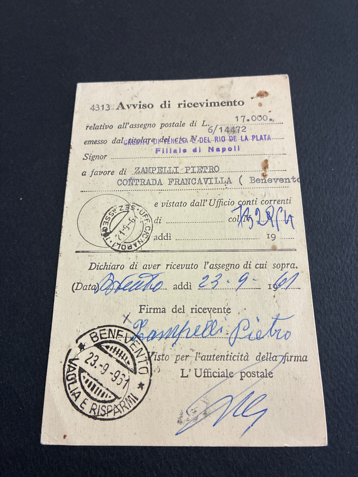 Avviso Ricevimento Assegno Postale (1961) - Modulo del Regno d'Italia usato in Repubblica con 25l Olimpiadi.
