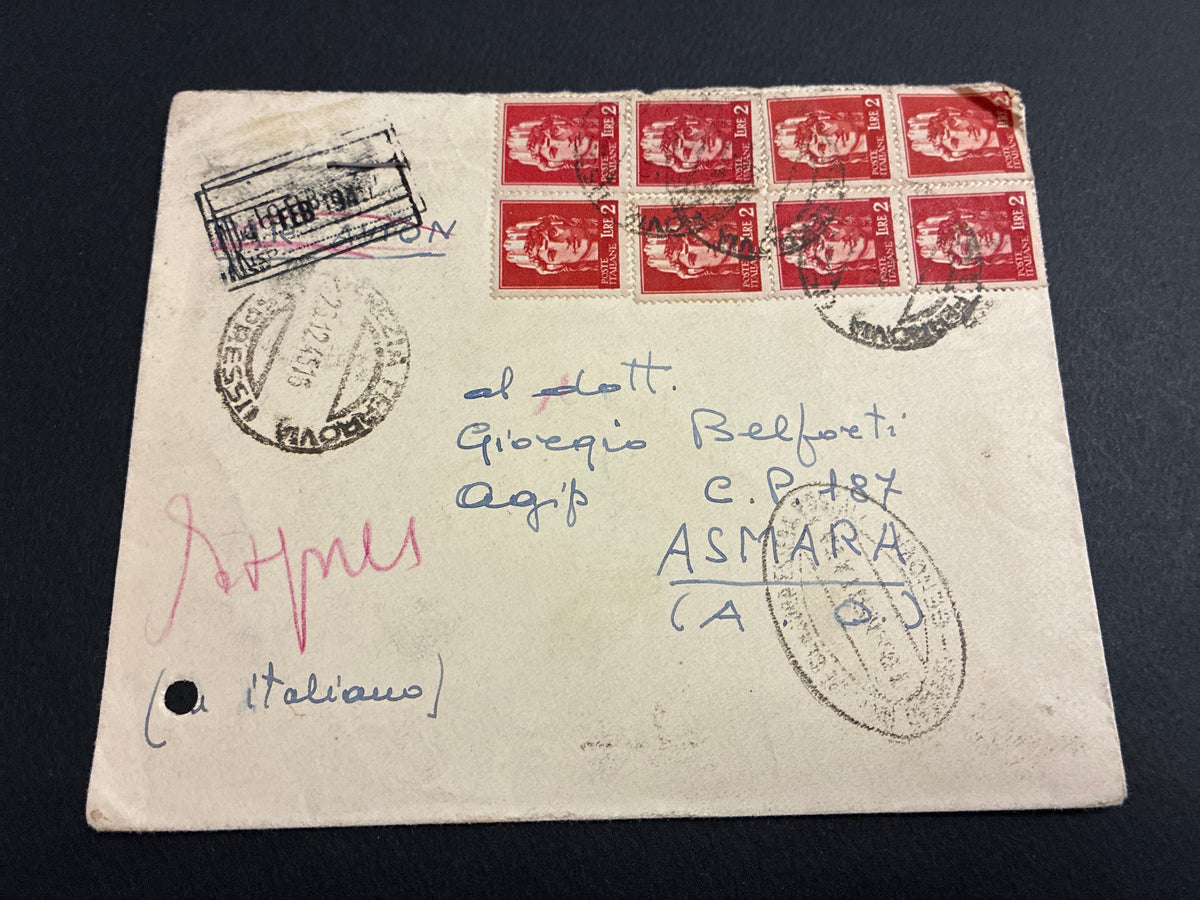 Busta via aerea della Luogotenenza del 1946 da Padova ad Asmara con blocco di 8 francobolli da 2 Lire