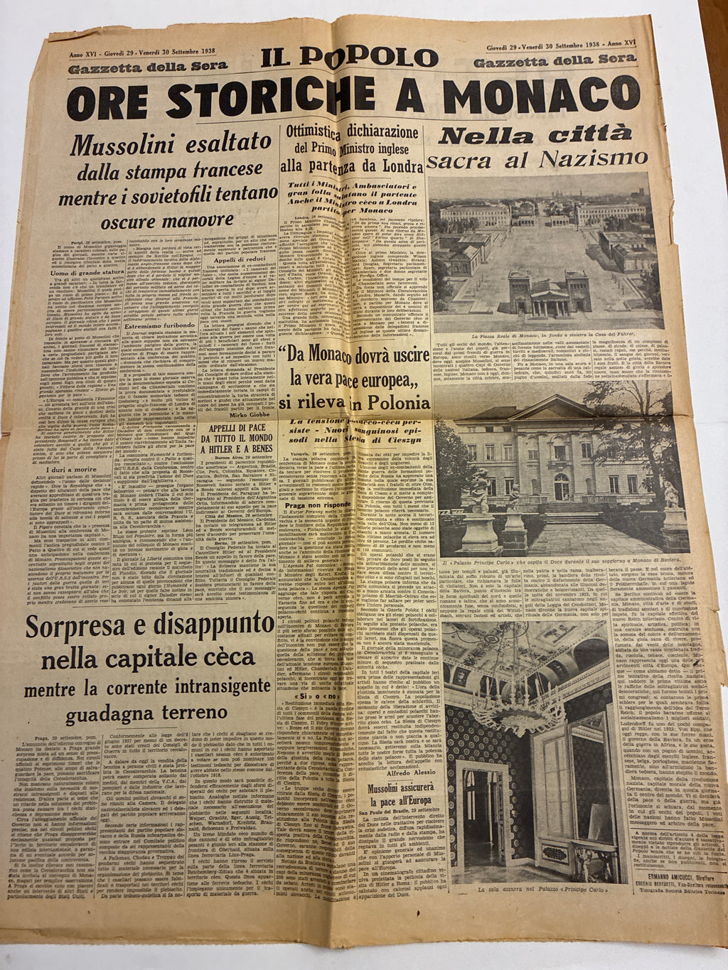 Quotidiano Storico Il Popolo Gazzetta della Sera 29-30 Settembre 1938 Conferenza Monaco Mussolini