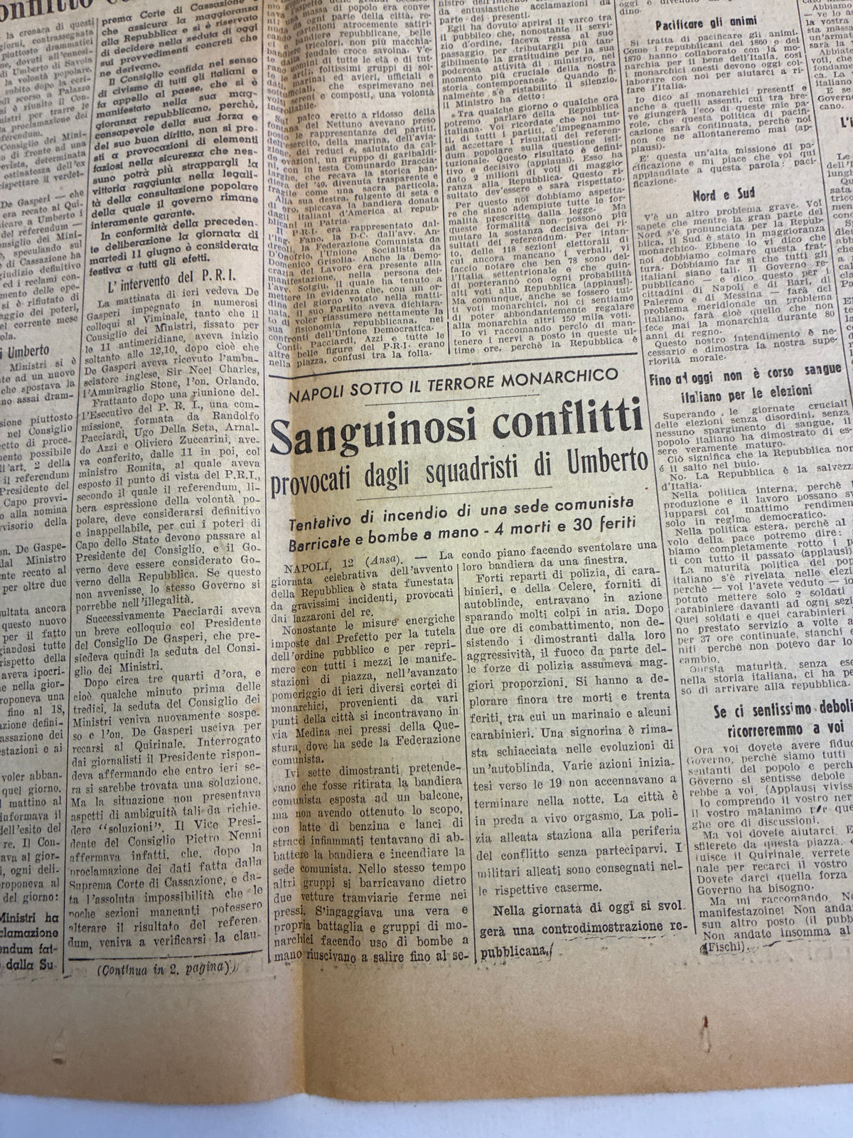 GIORNALE ORIGINALE 13 Giugno 1946 La Voce Repubblicana - ARRESTO E ESPULSIONE UMBERTO SAVOIA Conservazione Eccellente
