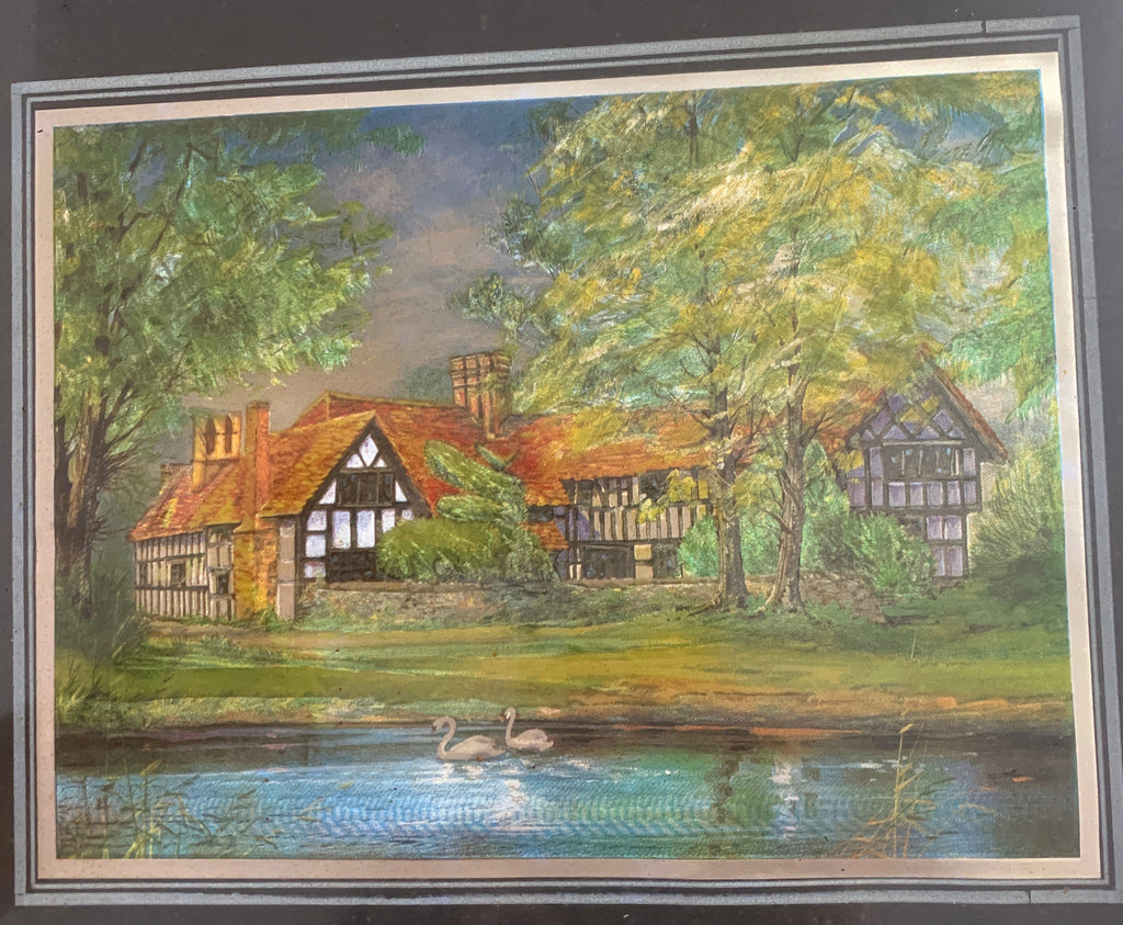 Quadretto Vintage Paesaggio Inglese con Cottage Tudor e Cigni sul Lago