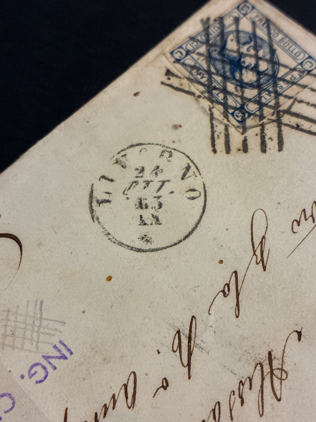 Busta 23/10/1863 Regno d'Italia 15 C. Litografico II Tipo Annullato a Barre con Transito Livorno e Lineare Batini