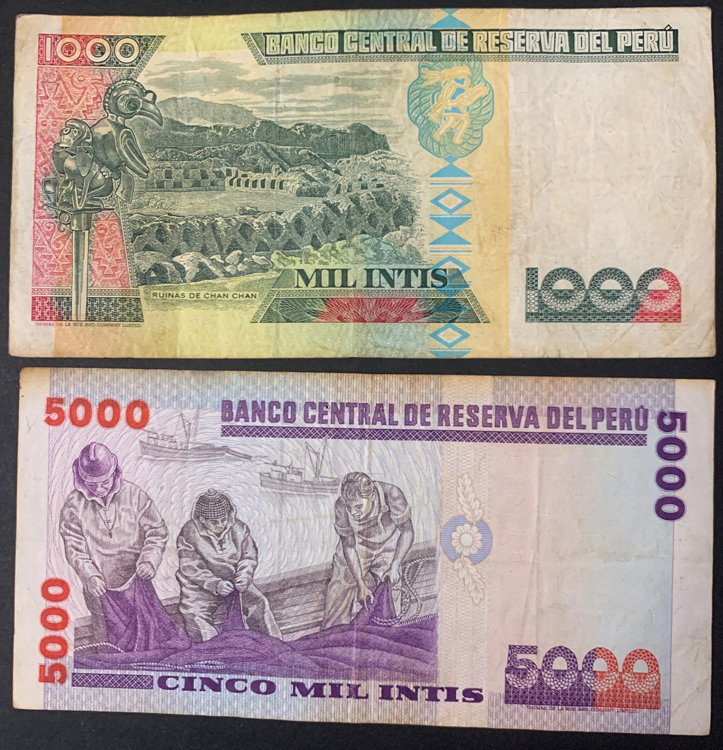 Lotto 2 Banconote Vintage Perù (1987–1988) – 1.000 e 5.000 Intis