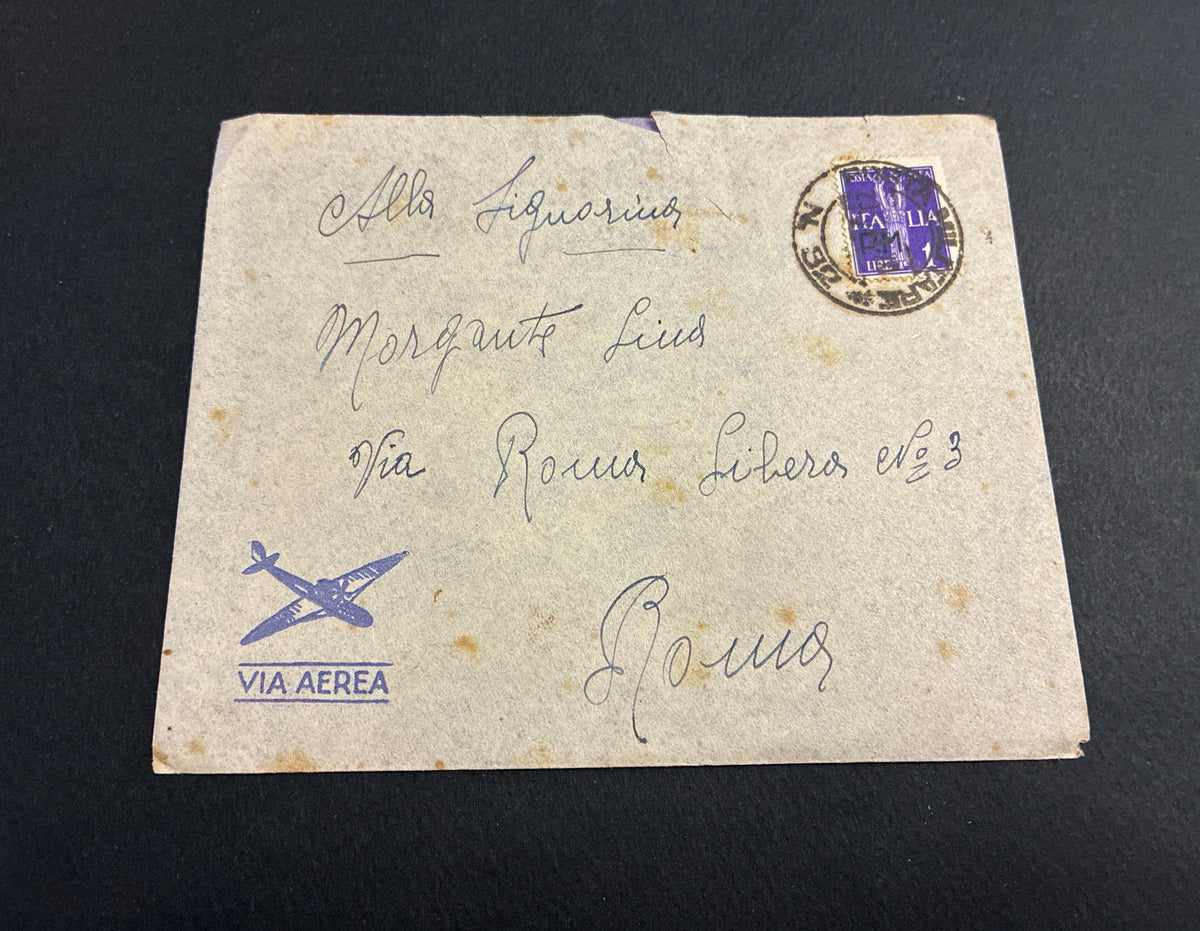 1941, Posta Militare 82: Busta di Via Aerea con Francobollo da 1 Lira Sovrastampato P.M. Spedita dal Fronte Albanese per Roma