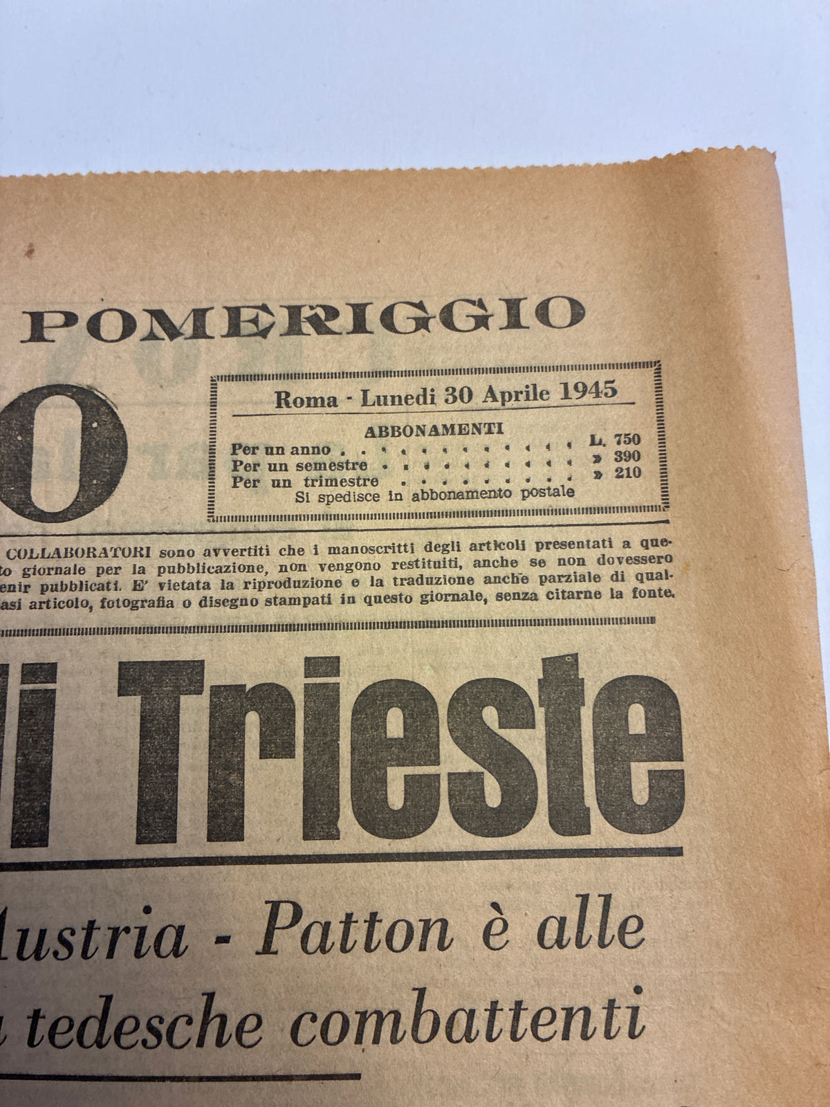Edizione Straordinaria del Pomeriggio IL POPOLO 30 Aprile 1945 - Raro Quotidiano Originale "Come è stato fucilato Mussolini"