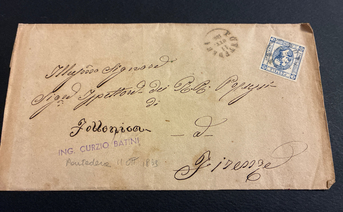 Lettera 1863 per l'Ispezione dei Reggi Possedimenti con 15 Centesimi "Matraire" Primo Tipo Capovolto dall'Archivio e Collezione dell'Ing. Curzio Batinio