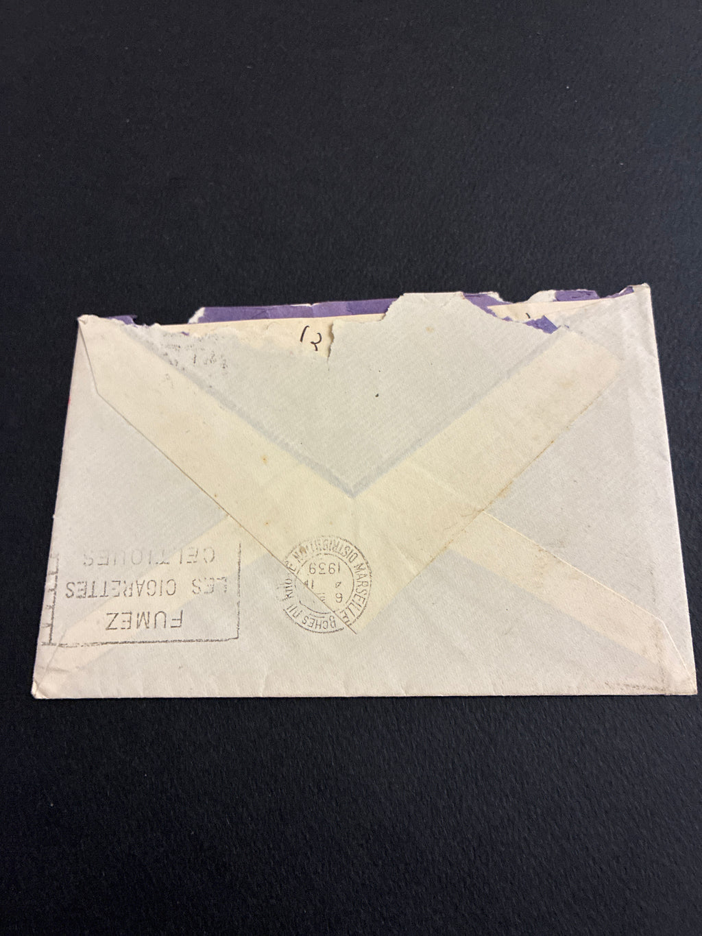Busta 1939 spedita da Roma a Marsiglia in tariffa per l'estero con francobollo commemorativo proclamazione dell'impero da lire 1,25.