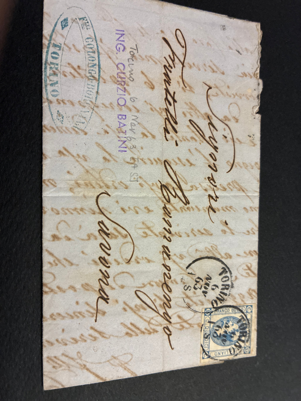 Lettera Storica 1863 da Torino a Savona con Francobollo 15c II Tipo e Transito Genova