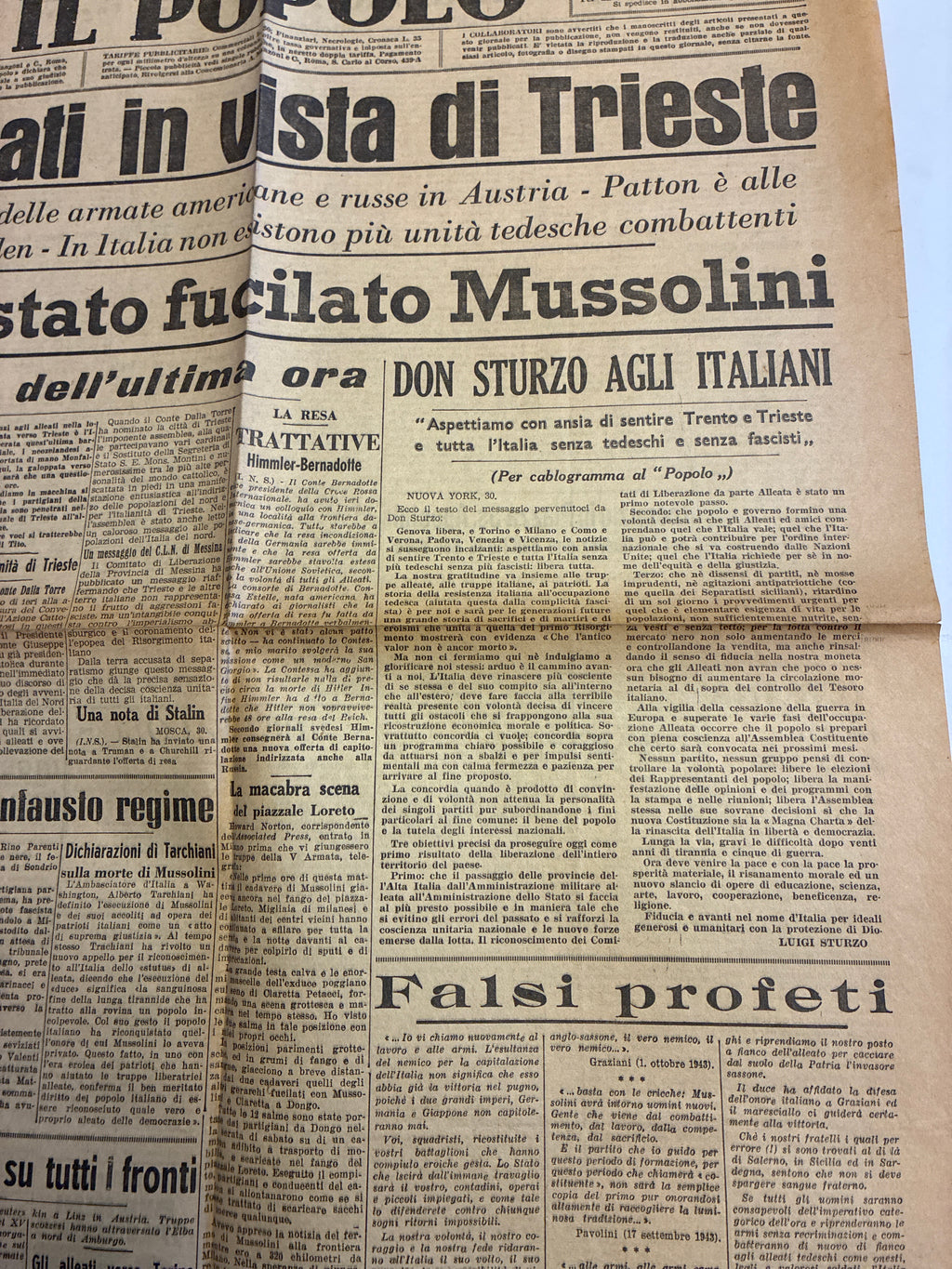 Edizione Straordinaria del Pomeriggio IL POPOLO 30 Aprile 1945 - Raro Quotidiano Originale "Come è stato fucilato Mussolini"
