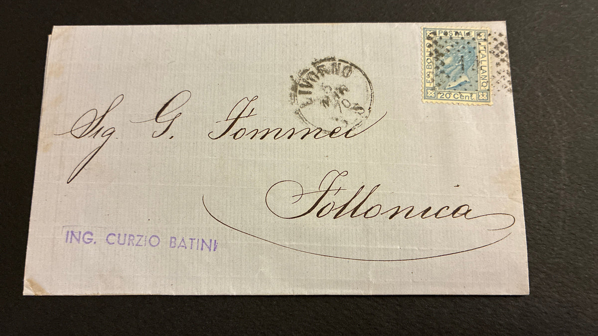 Lettera del 1870 da Livorno a Follonica affrancata con francobollo da 20 centesimi