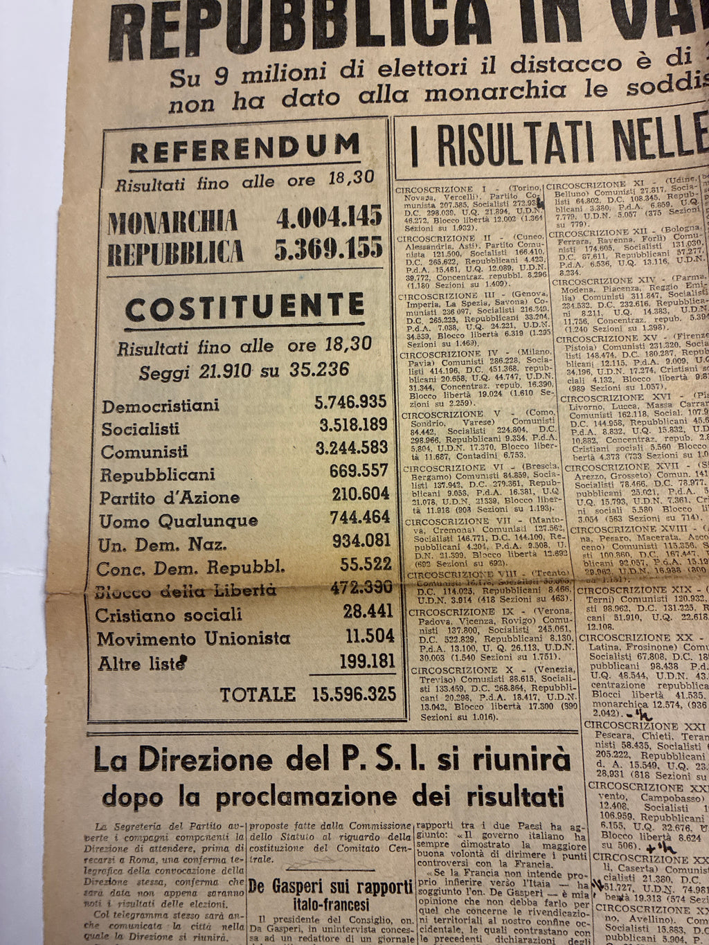 Quotidiano ORIGINALE 4 Giugno 1946 Avanti Vantaggio REPUBBLICA 2 Facciate