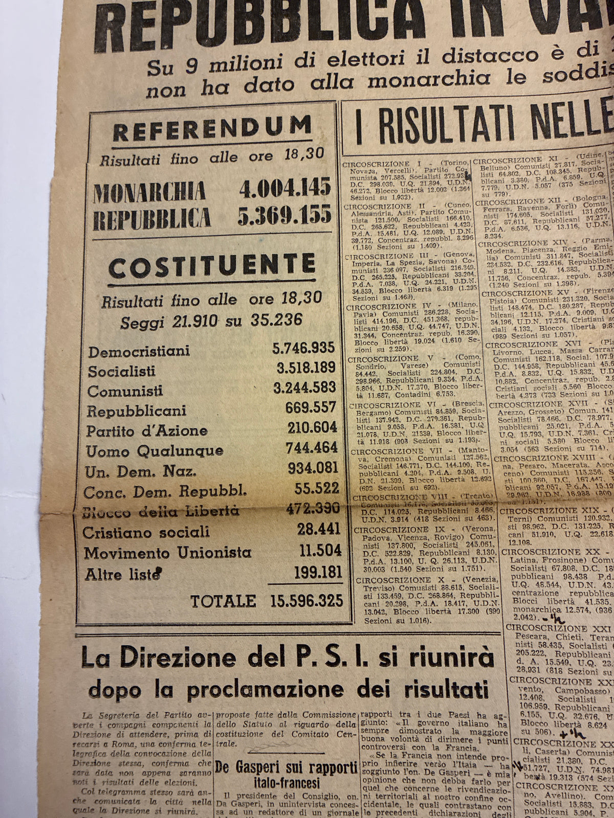 Quotidiano ORIGINALE 4 Giugno 1946 Avanti Vantaggio REPUBBLICA 2 Facciate