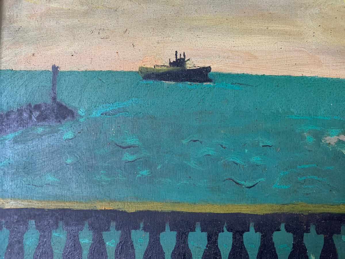 Dipinto a Olio su Tavola di Legno Marina Vintage Anonima - Scorcio di Lungomare con Lampione e Cornice