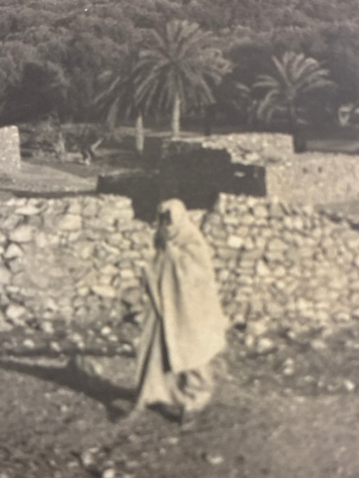 Cartolina postale italiana d'epoca coloniale del 1919 con veduta di Beni Ulid in Libia e indigeno locale in abiti tradizionali arabi.