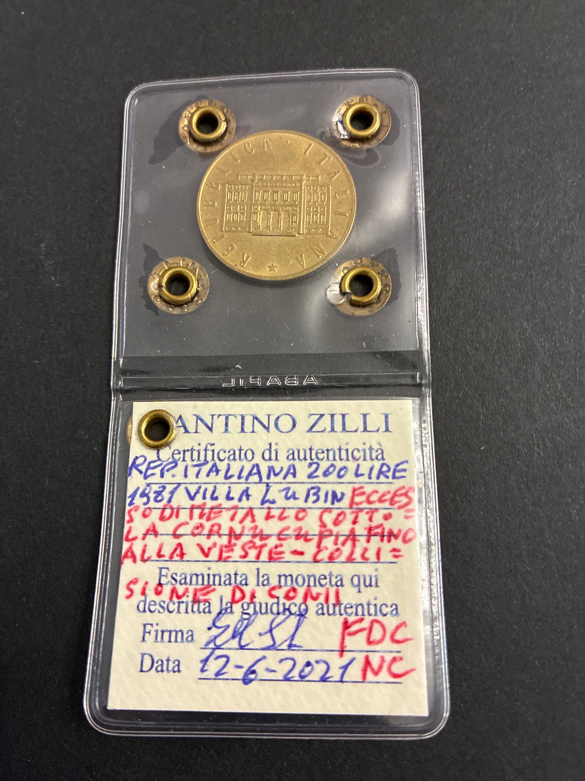 200 Lire Villa Lubin dell'81 Periziata con Errore di Conio Eccesso di Metallo