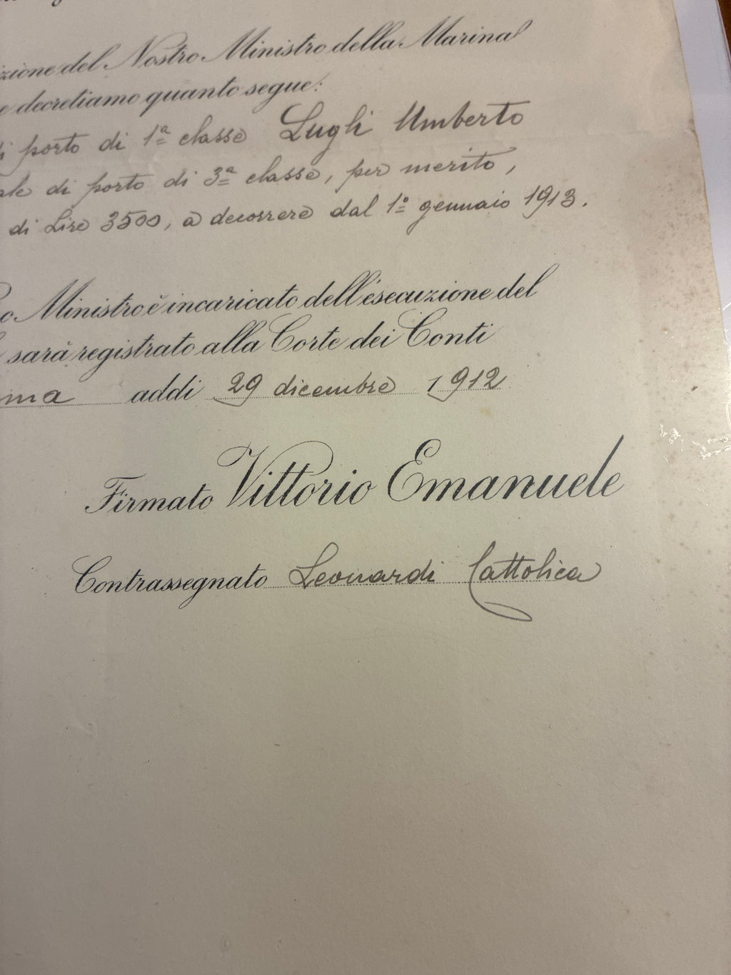 Raro Regio Decreto 1912 Promozione Ufficiale Capitanerie Umberto Lugli - Timbro Rosso - Incorniciato Storia Sabauda