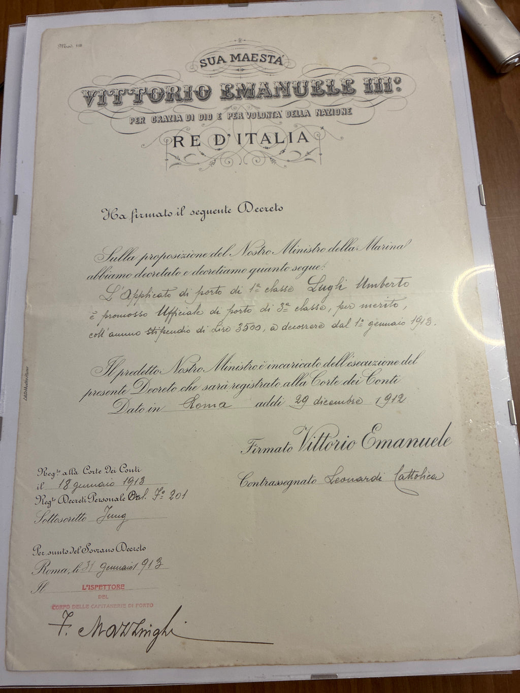 Raro Regio Decreto 1912 Promozione Ufficiale Capitanerie Umberto Lugli - Timbro Rosso - Incorniciato Storia Sabauda