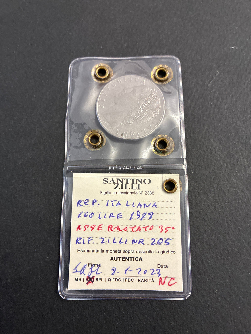 100 Lire 1978 Minerva con Errore Asse Ruotato 35° Periziata