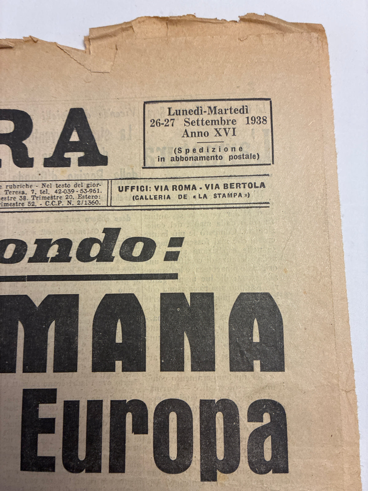 Quotidiano Storico Stampa Sera 26-27 Settembre 1938 Crisi di Monaco Fascismo Mussolini