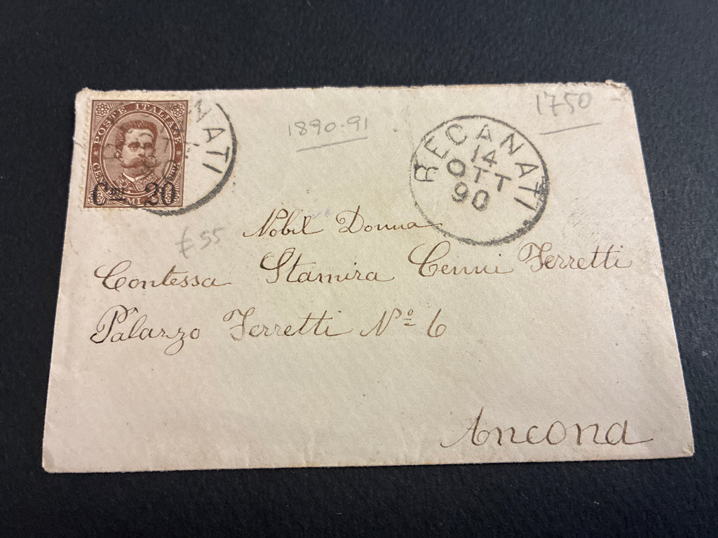 Busta 1890 da Recanati ad Ancona in tariffa umbertina con francobollo sovrastampato da 20 centesimi su 30 centesimi