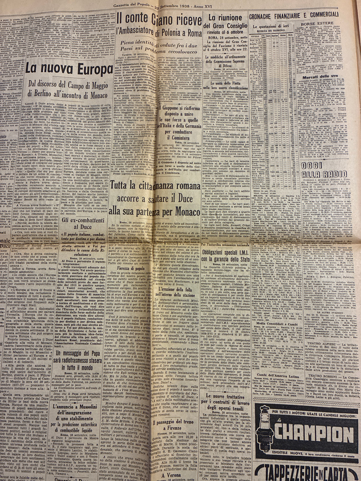 Quotidiano Storico Gazzetta del Popolo 29 Settembre 1938 Conferenza di Monaco Fascismo Mussolini