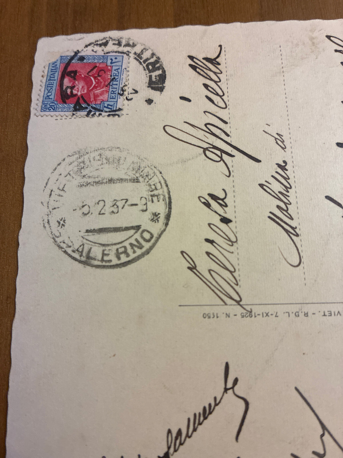 Rara cartolina d'epoca coloniale fotografica (tipo Fotoseta) dell'Eritrea, viaggiata nel 1937 con interessante documento di storia postale