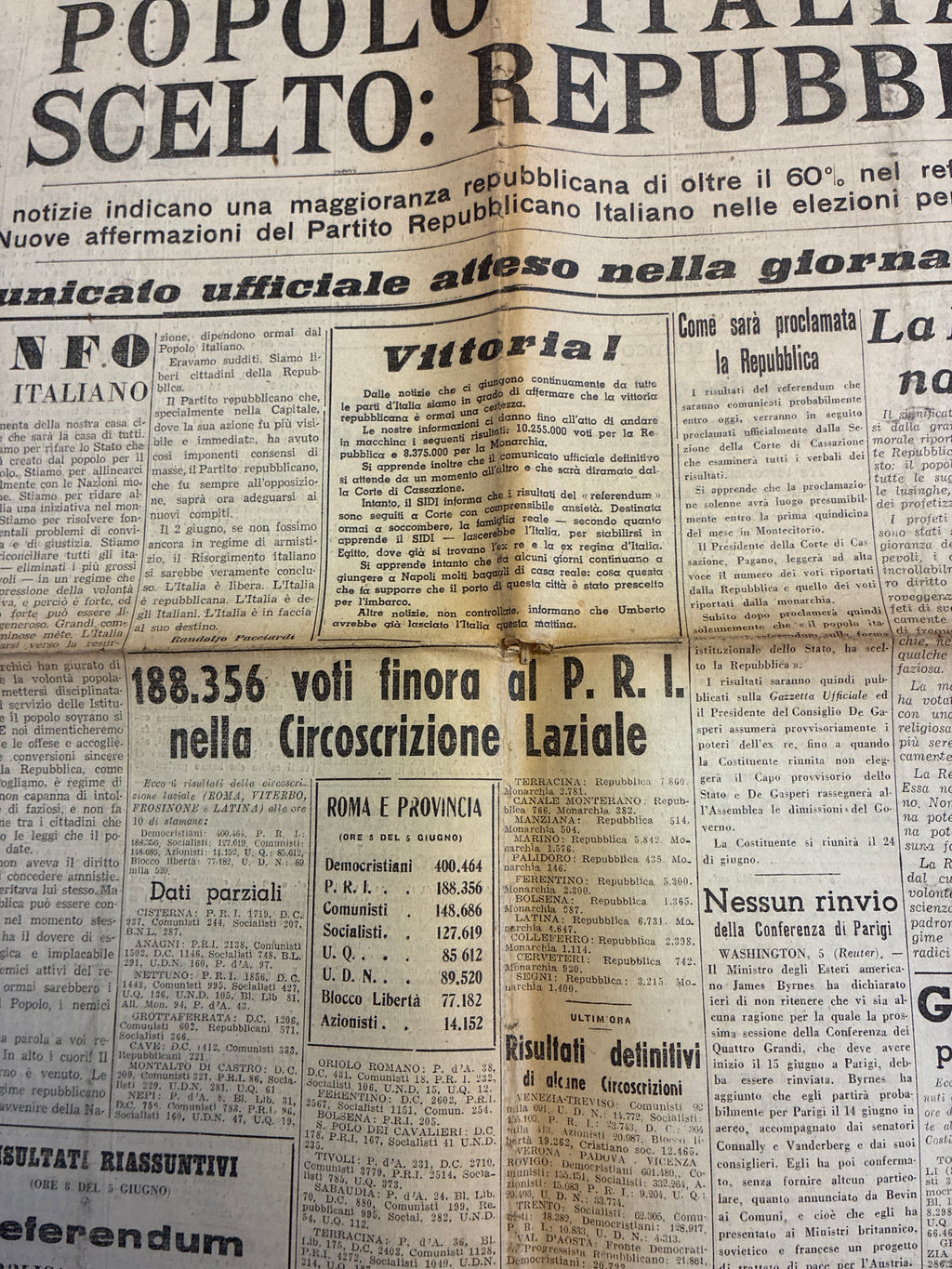 6 Giugno 1946 La Voce Repubblicana - NASCE LA REPUBBLICA ITALIANA Pezzo da Museo