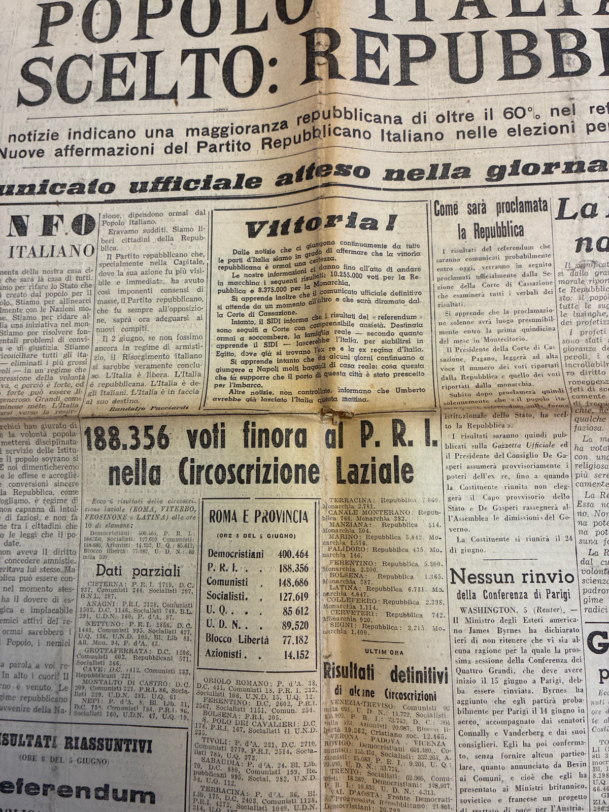 6 Giugno 1946 La Voce Repubblicana - NASCE LA REPUBBLICA ITALIANA Pezzo da Museo