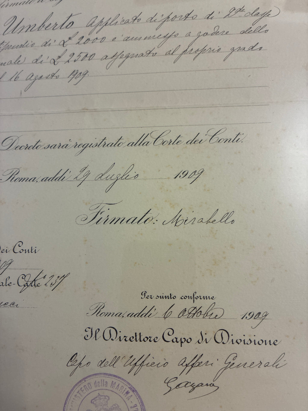 Raro Decreto Ministeriale 1909 Stipendio Regia Marina Umberto Lugli - Ministro Mirabello Timbro Viola - Incorniciato Storia Sabauda
