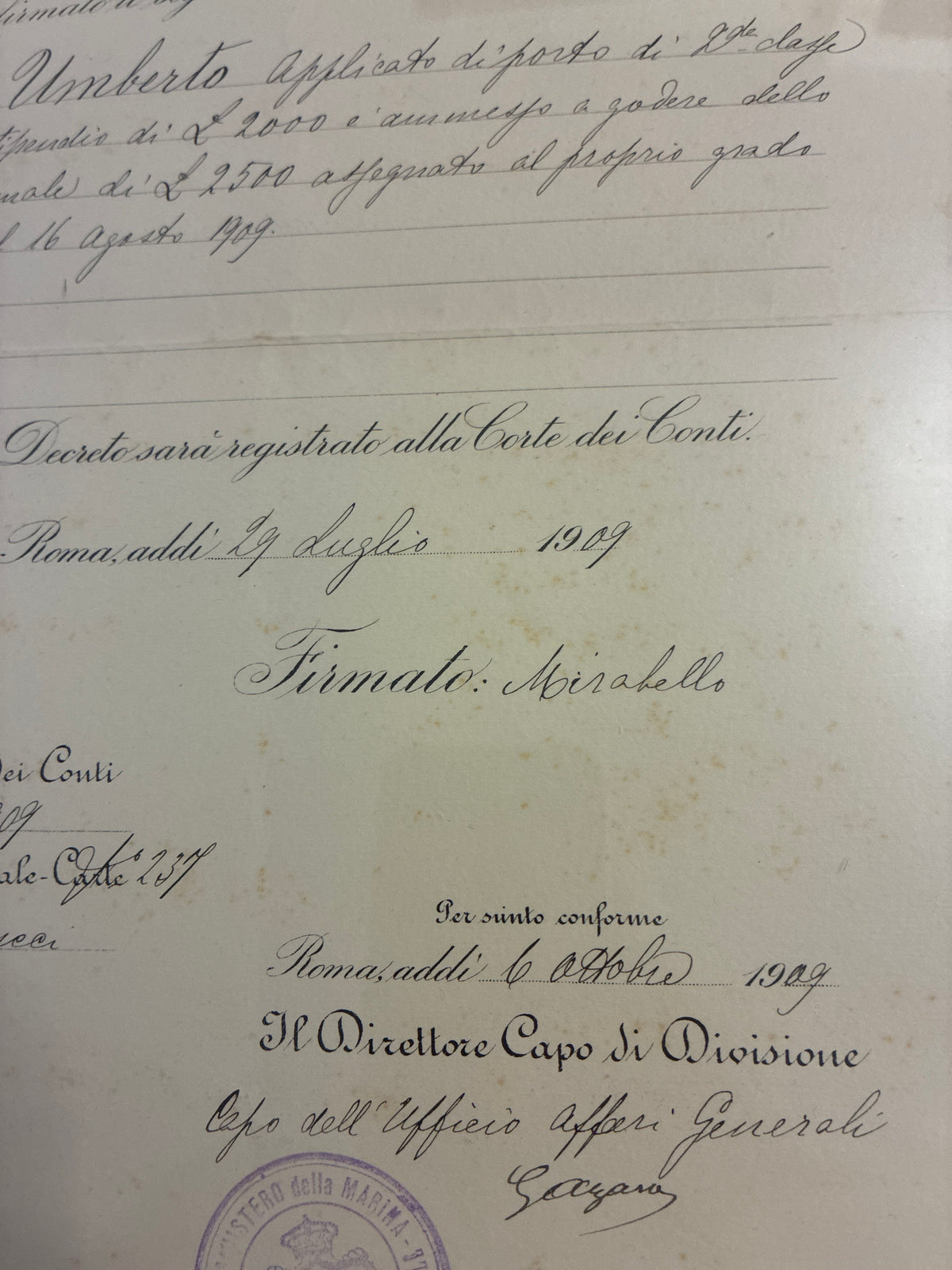 Raro Decreto Ministeriale 1909 Stipendio Regia Marina Umberto Lugli - Ministro Mirabello Timbro Viola - Incorniciato Storia Sabauda
