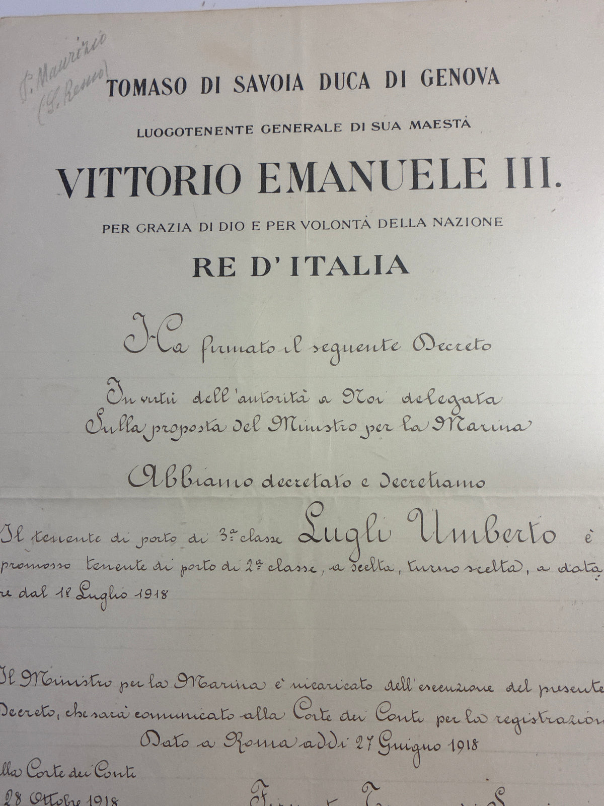 Raro Decreto Luogotenenziale 1918 Grande Guerra Umberto Lugli - Tomaso di Savoia - Incorniciato Capitanerie Marina