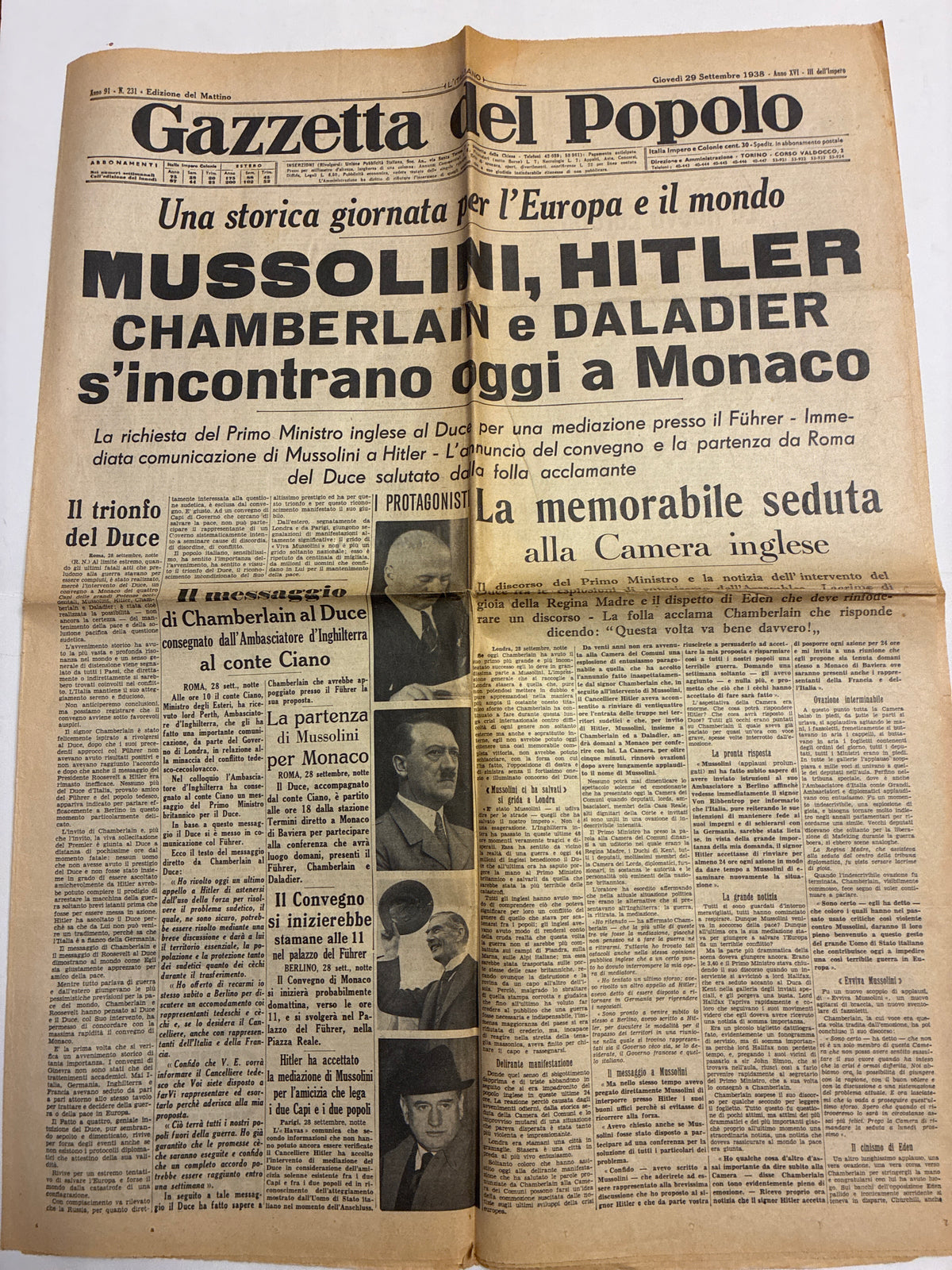 Quotidiano Storico Gazzetta del Popolo 29 Settembre 1938 Conferenza di Monaco Fascismo Mussolini