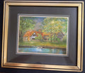 Quadretto Vintage Paesaggio Inglese con Cottage Tudor e Cigni sul Lago