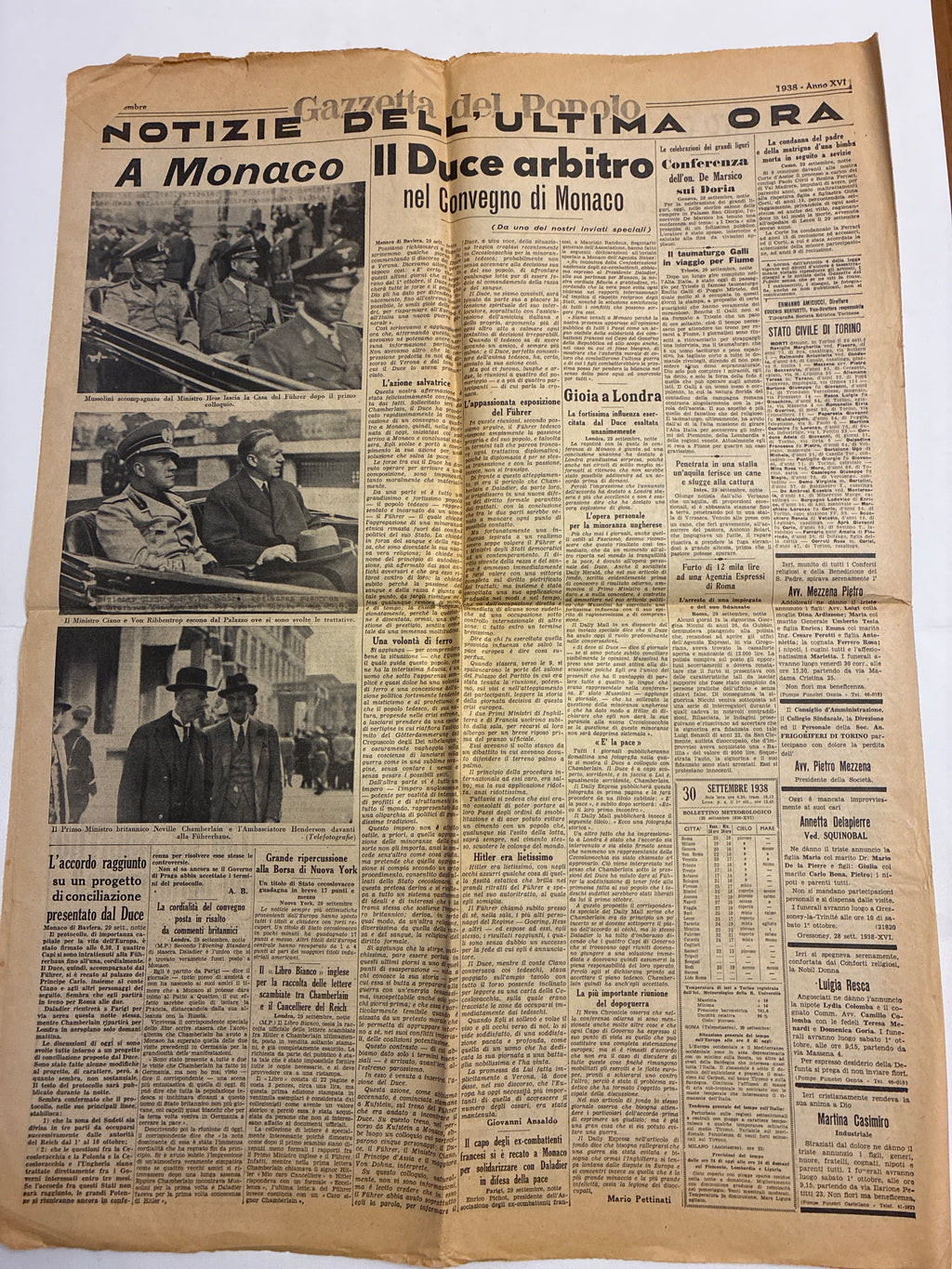 Quotidiano Storico Gazzetta del Popolo 30 Settembre 1938 Accordo Monaco Fascismo Mussolini