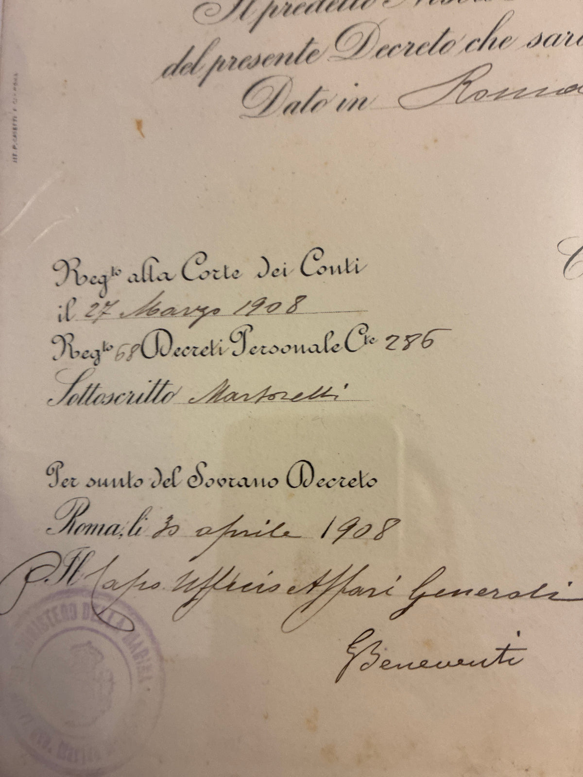 Raro Regio Decreto 1908 Nomina Regia Marina Umberto Lugli - Ministro Mirabello Timbro Viola - Incorniciato Storia Sabauda