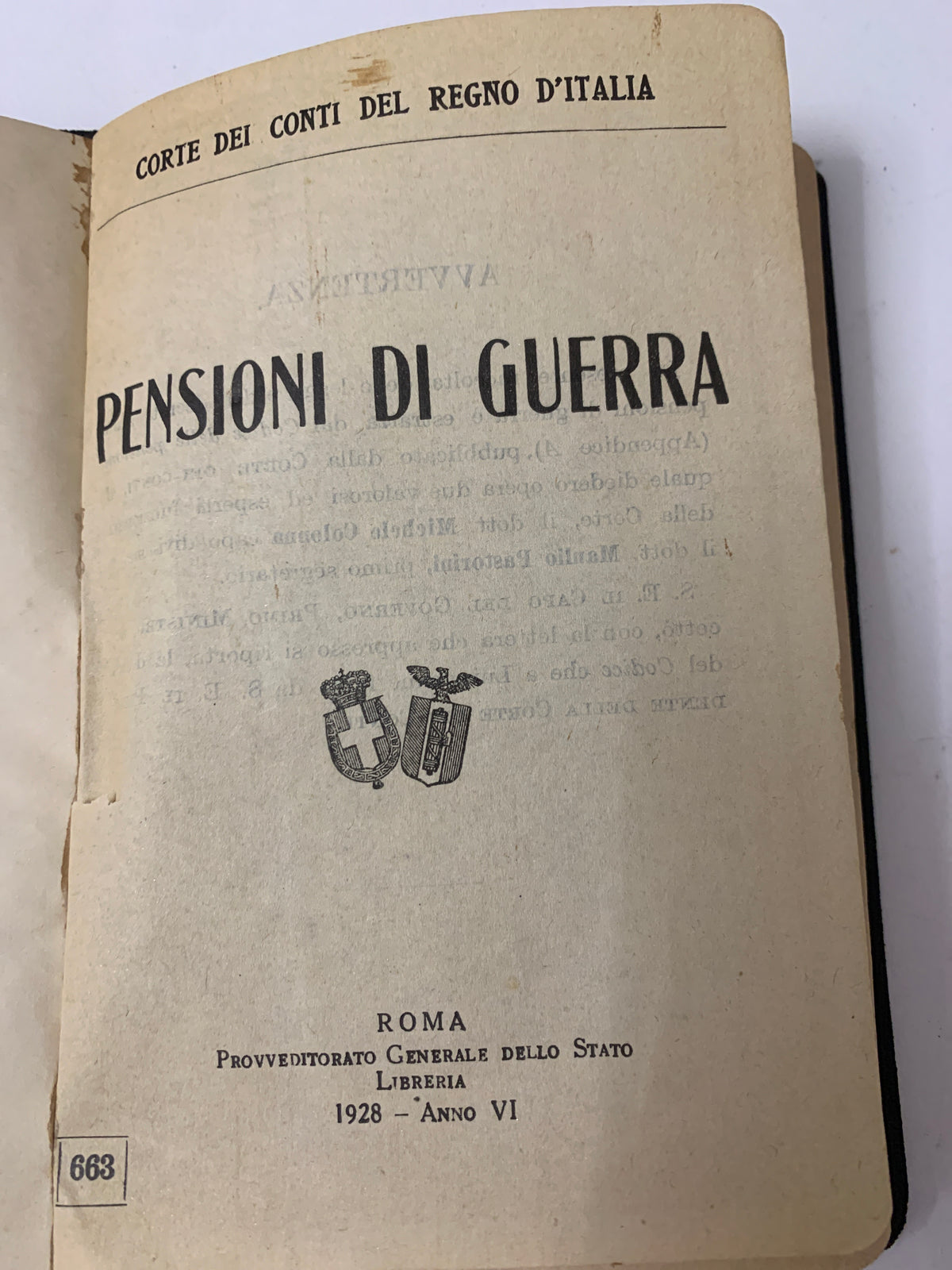 Corte dei Conti del Regno d'Italia – Pensioni di Guerra (1928 – Anno VI)