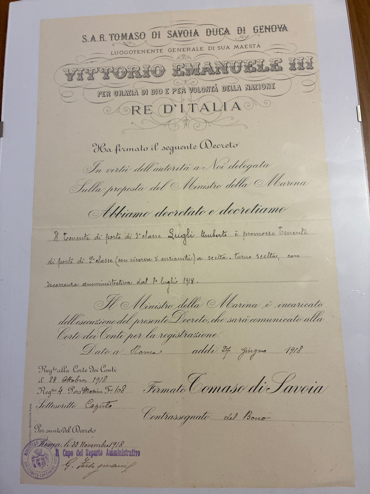 Raro Decreto Luogotenenziale 1918 Riserva Anzianità Umberto Lugli - Tomaso di Savoia - Incorniciato Grande Guerra