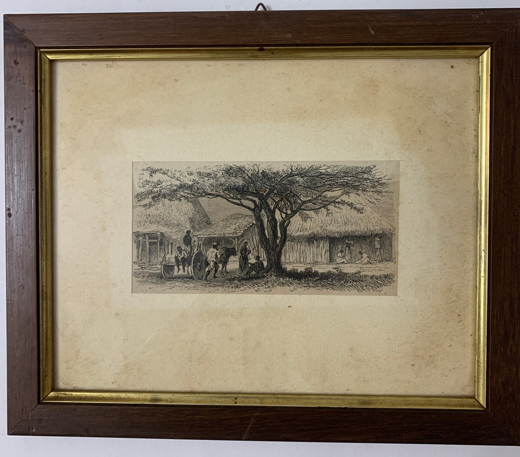 Quadro Antico / Stampa Incisione d'Epoca - Scena Rurale con Capanne e Carretto - Cornice Legno e Oro