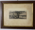 Quadro Antico / Stampa Incisione d'Epoca - Scena Rurale con Capanne e Carretto - Cornice Legno e Oro