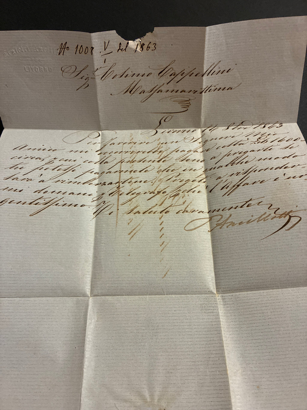 Lettera da Livorno a Massa Marittima (1863) con 15 centesimi Matraire Secondo Tipo della Collezione Curzio Batini