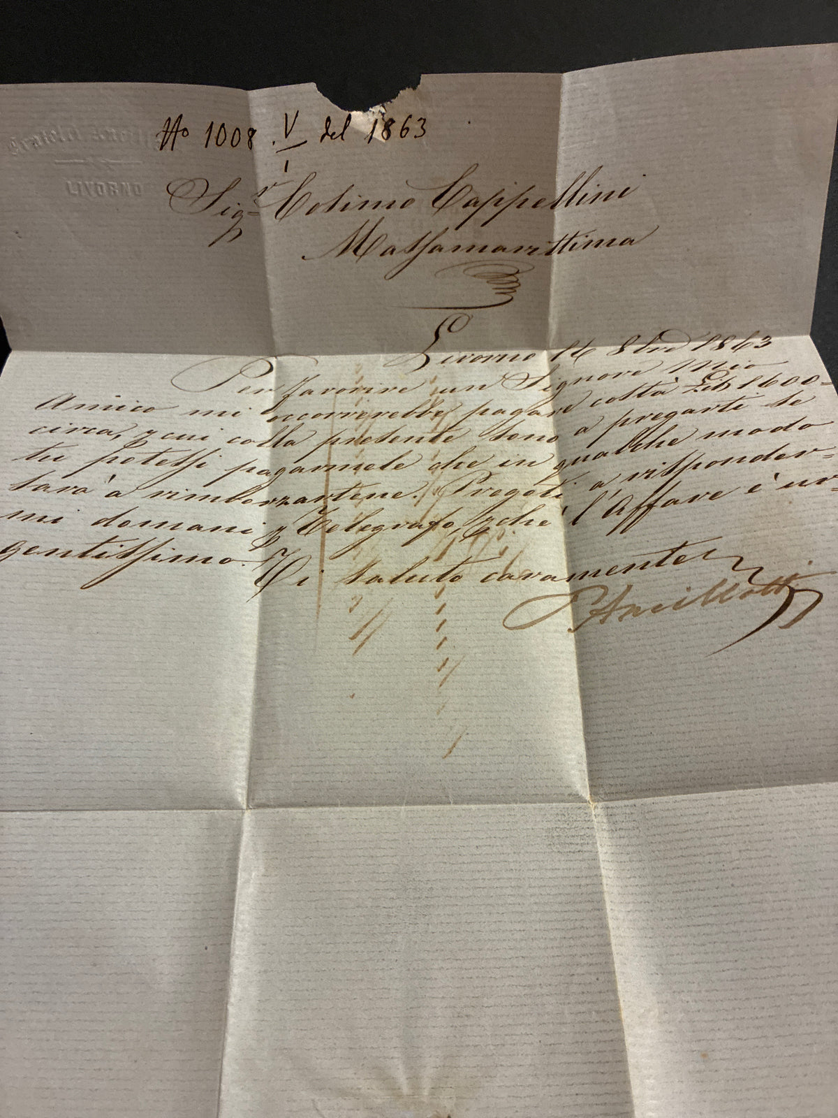 Lettera da Livorno a Massa Marittima (1863) con 15 centesimi Matraire Secondo Tipo della Collezione Curzio Batini