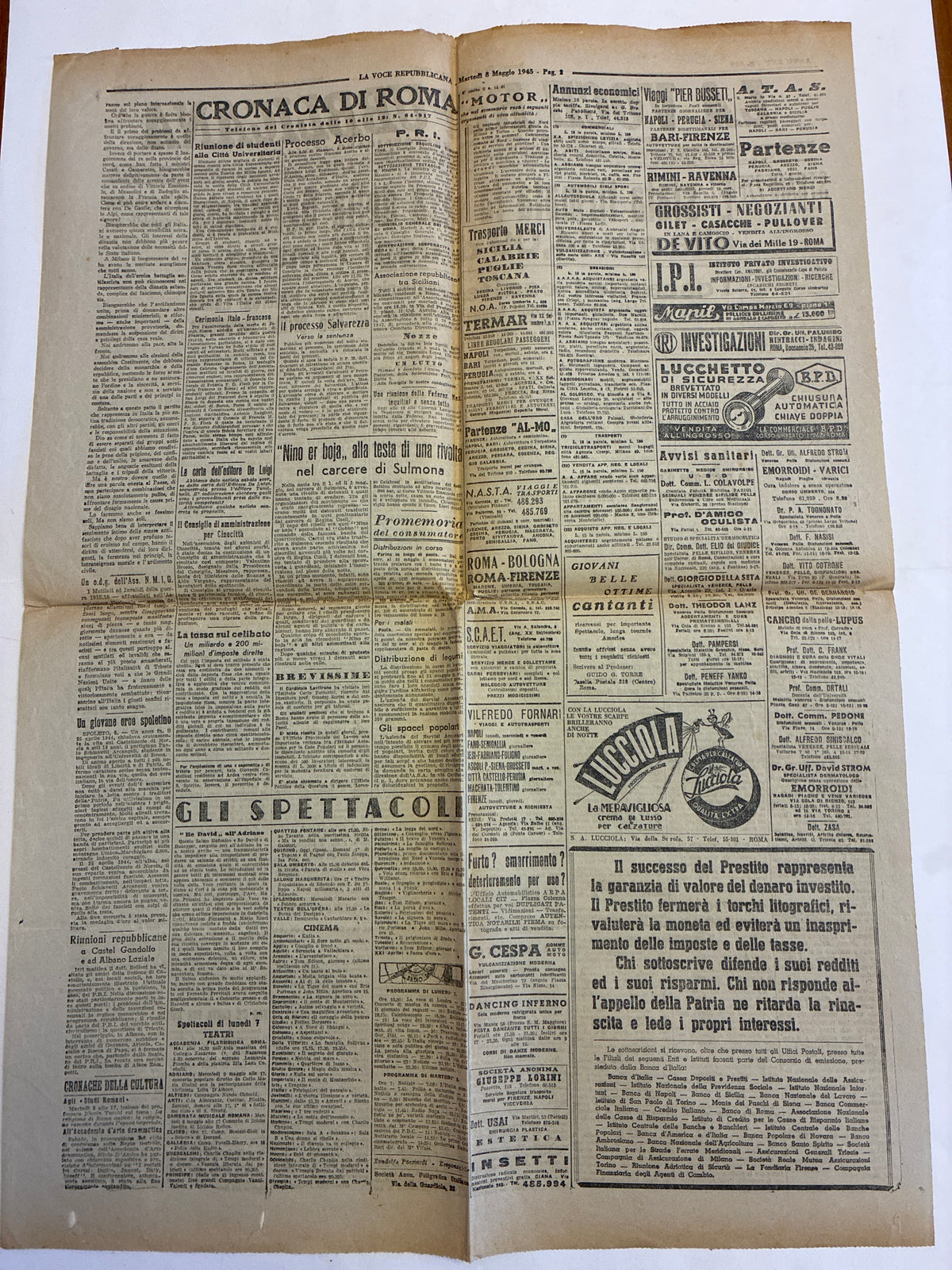 Rarissimo Quotidiano La Voce Repubblicana 8 Maggio 1945 {V-E Day Resa Della Germania E Messaggio Toscanini}