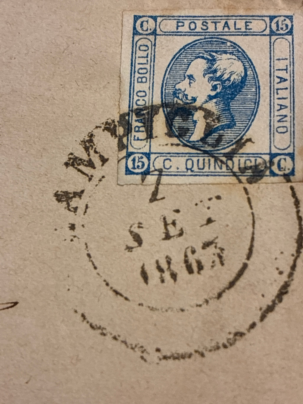 Lettera del Regno d'Italia (1863) con 15 c. del secondo tipo ex coll. Curzio Batini, annullata con timbro Ambulante Ferroviario