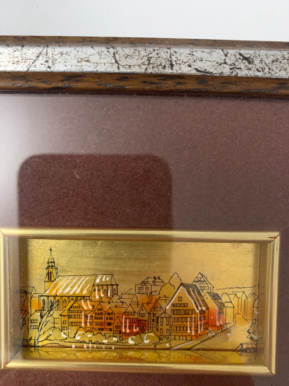 Miniatura Quadro Paesaggio Urbano Scorcio di Città Incisione su Lastra Dorata in Cornice Vintage