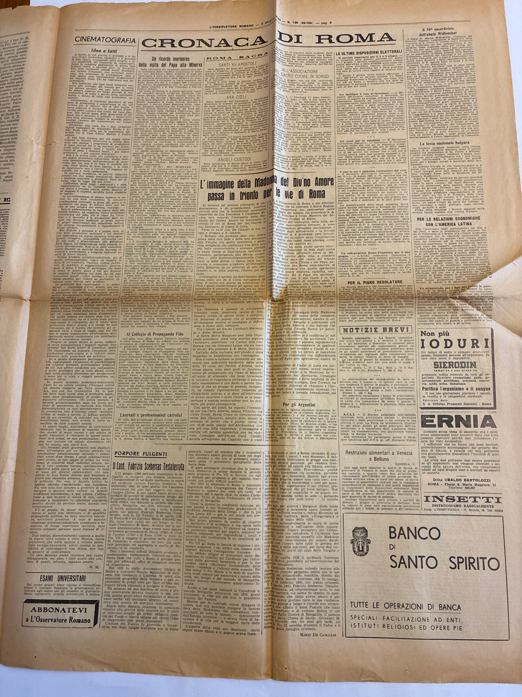 GIORNALE ORIGINALE 2 Giugno 1946 LOsservatore Romano - REFERENDUM PAPA PIO XII
