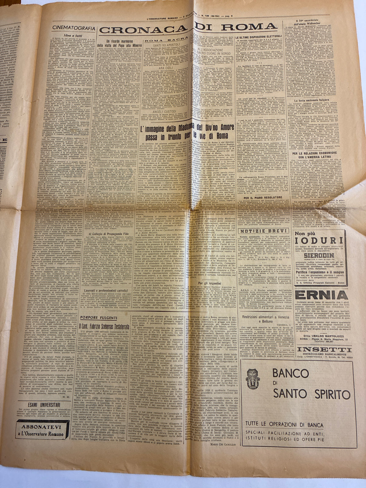 GIORNALE ORIGINALE 2 Giugno 1946 LOsservatore Romano - REFERENDUM PAPA PIO XII