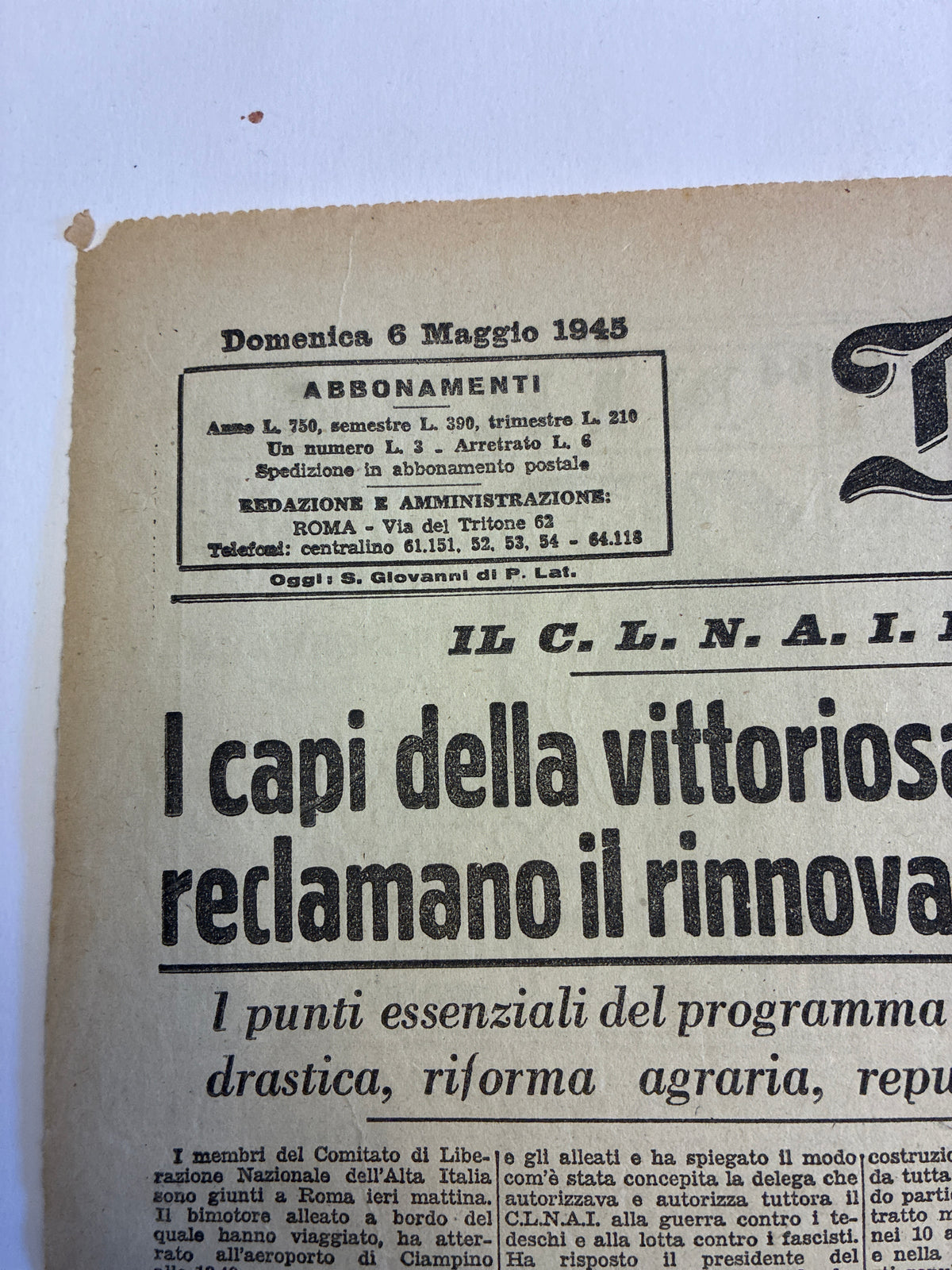 Rarissimo Quotidiano Il Momento Originale 6 Maggio 1945 {Arrivo Del CLNAI A Roma E Giallo Morte Hitler}